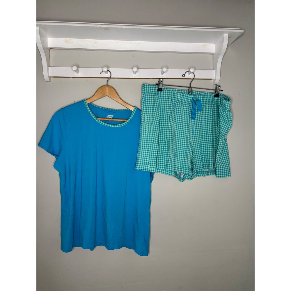 Lands End Pajama Set XL Blue Gingham Shorts Sleepwear Lounge